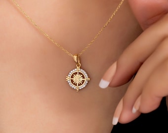 14K massief gouden kompas ketting, Sterling zilveren kompas ketting, Poolster ketting, echt goud en zilveren sieraden