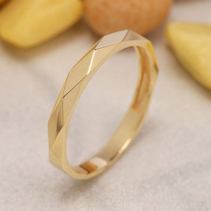 14k Solid Gold Vintage Patterned Band Ring, Geometric Faceted Ring, Stackable Rings For Women, Love Valentine's Day, Wedding, Gift Ideas image 1