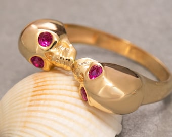14K massief gouden schedelring, uniseks schedelring, 2-pack schedelring, handgemaakte schedelring, speciaal ontwerp schedelring