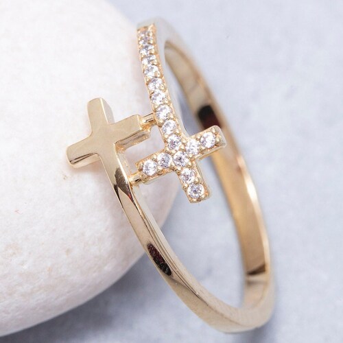 14K Solid Gold Cross Ring 925 Sterling Silver Cross Ring Etsy