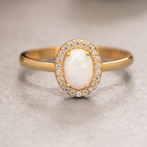 14K Solid Gold White Opal Ring, 925 Sterling Silver White Opal Ring, Oval White Opal Ring, Dainty Birthstone Ring, Gift for Her,Gift for Mom