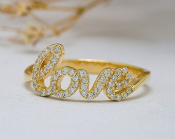 14K Solid Gold Love Ring, 925 Sterling Silver Love Ring, Script Love Ring, Zircon Stone Love Ring, Valentine's Day Gift, Christmas Gift