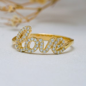 14K Solid Gold Love Ring, 925 Sterling Silver Love Ring, Script Love Ring, Zircon Stone Love Ring, Valentine's Day Gift, Christmas Gift