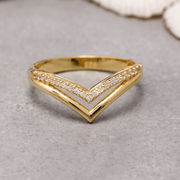 Anello V in oro massiccio 14K, Anello V in argento sterling 925, Anello Chevron, Anello curvo, Regalo per la festa della mamma, Regalo di San Valentino, Regalo di Natale