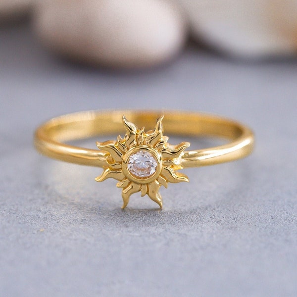 Sonnenring aus 14K-Massivgold, Sonnenring aus Sterlingsilber, Geburtssteinring, minimalistischer Ring, Muttertagsgeschenk, Valentinstagsgeschenk, Weihnachtsgeschenk