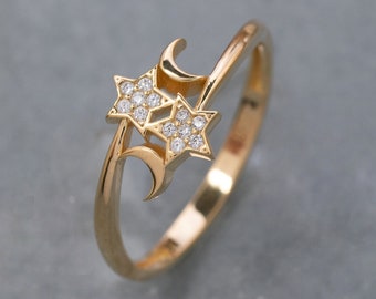 14K massief gouden ring met maan en ster, 925 sterlingzilveren ring met maan en ster, maanring, Valentijnsdagcadeau, Moederdagcadeau, kerstcadeau