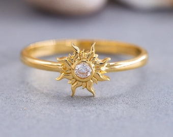 Anillo de sol de oro macizo de 14K, anillo de sol de plata de ley, anillo de piedra de nacimiento, anillo minimalista, regalo del día de la madre, regalo del día de San Valentín, regalo de Navidad
