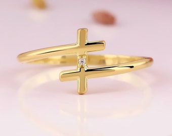Elegant Cross Ring, 14K Solid Gold Cross Ring, 925 Sterling Silver Cross Ring, Christmas Gift, Valentine's Day Gift, Mother's Day Gift