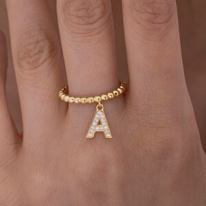 Anillo de letra de oro macizo de 14 quilates, anillo de letra de plata de ley 925, anillo de letra con cuentas, anillo para mujer, regalo de San Valentín, regalo del Día de la Madre