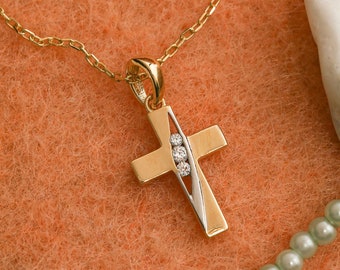14K Solid Gold, Tiny 2 Tone Cross Necklace, 925 Sterling Silver Cross Necklace, Minimalist Necklace, Religious Necklace, Baptism Gift