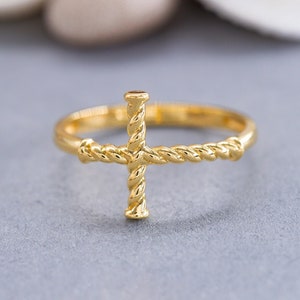 14K Solid Gold Cross Ring, 925 Sterling Silver Cross Ring, Twirl Cross Ring, Handmade Cross Ring, Valentine&#39;s Day Gift, Mother&#39;s Day Gift