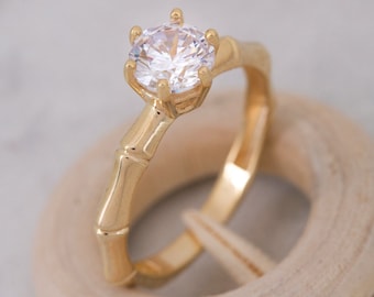 Anello solitario in bambù in oro massiccio 14 carati, anello solitario in bambù in argento sterling 925, solitario da 6,50 mm, regalo per San Valentino, regalo per la festa della mamma