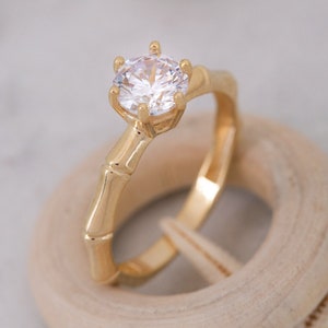 14K ソリッド ゴールド バンブー ソリティア リング、925 スターリング シルバー バンブー ソリティア リング、6.50 mm ソリティア、バレンタインデー ギフト、母の日ギフト