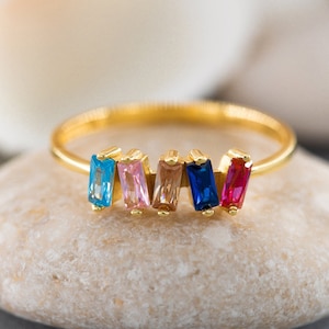 14K Solid Gold Baguette Birthstone Ring, 925 Sterling Silver Baguette Birthstone Ring, Baguette Ring, Birthstone Ring, Mother&#39;s Day Gift