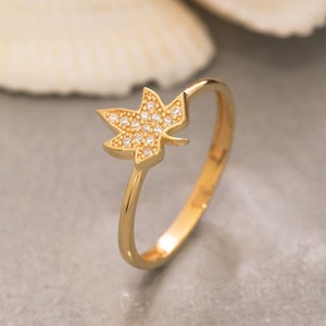 14K solid Gold Ahornblatt Ring, 925 Sterling Silber Ahornblatt Ring, CZ Stein Blatt Ring, Natur Ring, Mutter Geschenk, Valentinstag