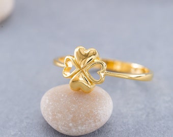 14K Solid Gold Heart Ring, 925 Sterling Silver Heart Ring, Four Leaf Clover Ring, Mother's Day Gift, Valentine's Day Gift, Christmas Gift