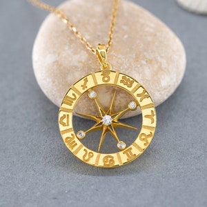 14K Solid Gold Compass Necklace, 925 Sterling Silver Compass Necklace, Horoscope Astrology Compass Necklace, North Star Necklace image 1