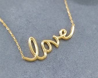 14K Solid Gold Love Necklace, Sterling Silver Love Necklace, Script Love Necklace, Dainty Necklace, Modern Necklace, Valentine's Day Gift