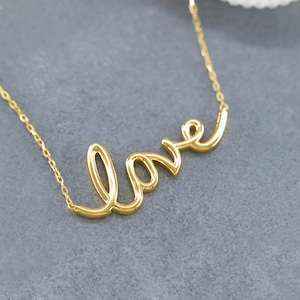 14K Solid Gold Love Necklace, Sterling Silver Love Necklace, Script Love Necklace, Dainty Necklace, Modern Necklace, Valentine's Day Gift image 1
