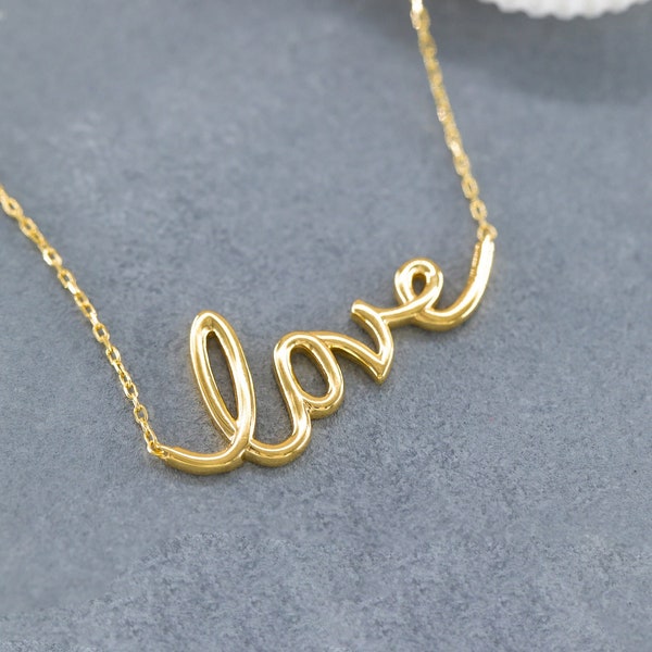 14K Solid Gold Love Necklace, Sterling Silver Love Necklace, Script Love Necklace, Dainty Necklace, Modern Necklace, Valentine's Day Gift