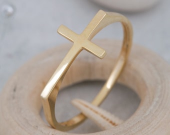 14K Solid Gold Plain Cross Ring, 925 Sterling Silver Plain Cross Ring, Handmade Ring, Christmas Gift, Valentine&#39;s Day Gift, Mother&#39;s Day Git
