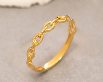 14K Solid Gold Chain Ring, Stacking Ring, Minimalist Chain Ring, Mother's Day Gift, Valentine's Day Gift