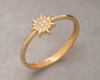 Anello solare in oro massiccio 14K, Anello solare in argento sterling 925, Anello in pietra CZ, Anello delicato, Anello minimalista, Regalo di San Valentino, Regalo per la festa della mamma