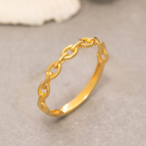 Anillo de cadena de oro macizo de 14 quilates, anillo de cadena de plata de ley 925, anillo apilable, anillo de cadena minimalista, regalo para el Día de la Madre, regalo para San Valentín