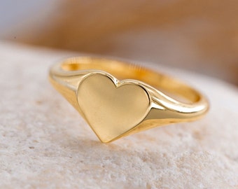 14K Solid Gold Heart Signet Ring, 925 Sterling Silver Heart Signet Ring, Personalization Ring, Mother's Day Gift, Valentine's Day Gift