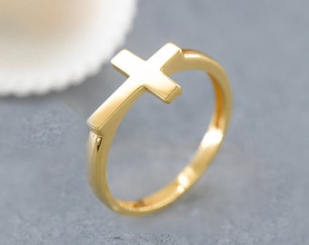 14K Solid Gold Cross Ring, 925 Sterling Silver Cross Ring, Mens Cross Ring, Womens Cross Ring, Mother's Day Gift, Valentine's Day Gift