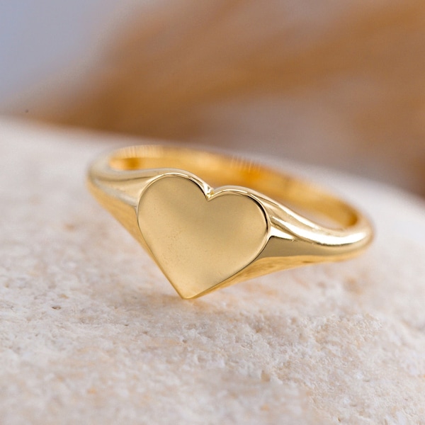 14K Solid Gold Heart Signet Ring, 925 Sterling Silver Heart Signet Ring, Personalization Ring, Mother's Day Gift, Valentine's Day Gift