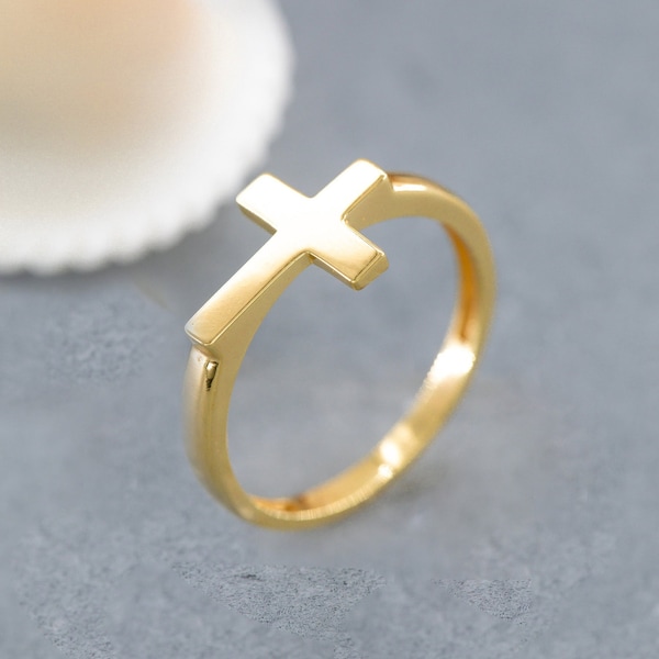 14K Solid Gold Cross Ring, 925 Sterling Silver Cross Ring, Mens Cross Ring, Womens Cross Ring, Mother's Day Gift, Valentine's Day Gift