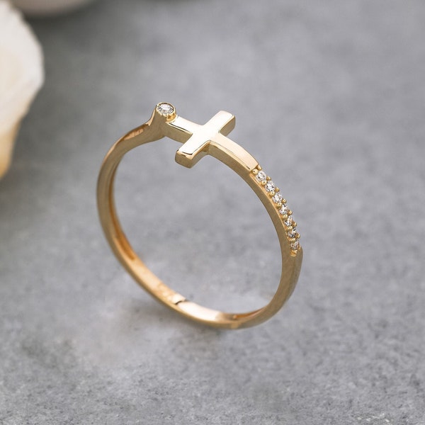 Dainty Cross Ring, 14K Solid Gold Cross Ring, 925 Sterling Silver Cross Ring, Christmas Gift, Valentine's Day Gift, Mother's Day Gift