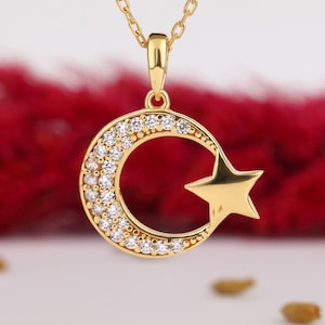 Collar de luna y estrella de oro macizo de 14 quilates, collar de luna y estrella, collar de luna y estrella de plata de ley 925, regalo de San Valentín, regalo del Día de la Madre