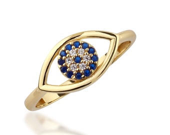 14K Solid Gold Evil Eye Ring, 925 Sterling Silver Evil Eye Ring, Handmade Evil Eye Ring, Women&#39;s Ring,Valentine&#39;s Day Gift,Mother&#39;s Day Gift