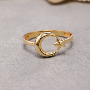 14K Solid Gold Moon and Star Ring, 925 Sterling Silver Moon and Star Ring, Moon Ring, Stackable Ring, Valentine&#39;s Day Gift, Christmas Gift