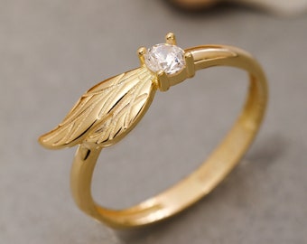 14K Solid Gold Angel Wing Ring, Sterling Silver Angel Wing Ring, Cubic Zircon Stone Ring, Dainty Ring, Valentine's Day Gift, Christmas Gift