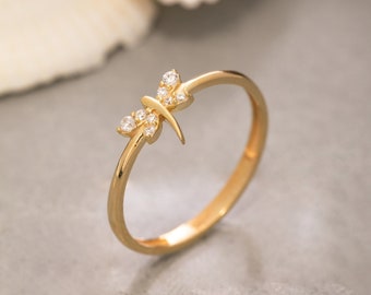 14K Solid Gold Dragonfly Ring, 925 Sterling Silver Dragonfly Ring, CZ Stone Ring, Minimalist Ring, Valentine's Day Gift, Mother's Day Gift