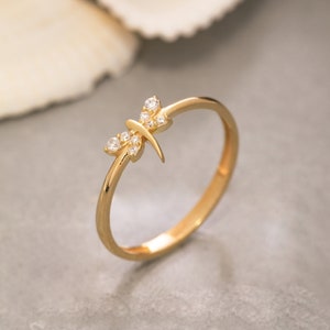 14K Solid Gold Dragonfly Ring, 925 Sterling Silver Dragonfly Ring, CZ ...