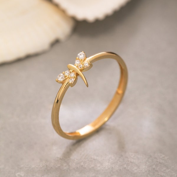 Anello libellula in oro massiccio 14K, anello libellula in argento sterling 925, anello di pietra CZ, anello minimalista, regalo di San Valentino, regalo per la festa della mamma