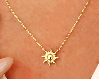 14K Solid Gold Sun Necklace, Sterling Silver Sun Necklace, Sunshine Necklace, Sun Symbol Necklace, Valentine&#39;s Day Gift, Mother&#39;s Day Gift