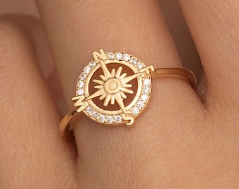 14K Solid Gold Compass Ring, 925 Sterling Silver Compass Ring, Richting Ring, Moederdag Cadeau, Valentijnsdag Cadeau, Kerstcadeau