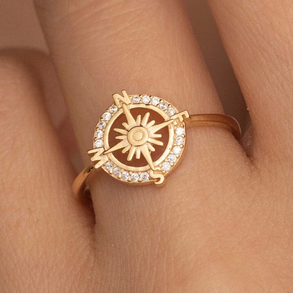 14K Solid Gold Compass Ring, 925 Sterling Silver Compass Ring, Direction Ring, Mother's Day Gift, Valentine's Day Gift, Christmas Gift