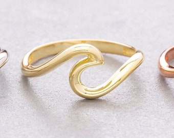 Anello a onda in oro massiccio 14K, anello a onda in argento sterling 925, anello a onda delicato, impilabile, anello minimalista, regalo per la festa della mamma, regalo di San Valentino