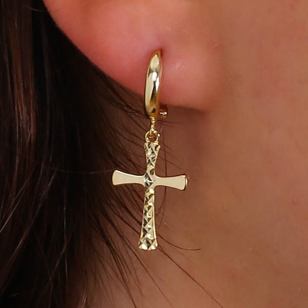 14K Solid Gold Cross Earrings, 925 Sterling Silver Cross Earrings, Special Design Real Gift Earring, Valentine's Day Gift, Mother's Day Gift