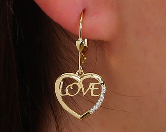 14K Solid Gold Heart Love Earring, 925 Sterling Silver Heart Love Earring, Love Heart Earring, Valentine's Day Gift, Mother's Day Gift