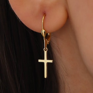 14K Solid Gold Cross Earrings, 925 Sterling Silver Cross Earrings, Special Design Cross Earrings, Valentine&#39;s Day Gift, Mother&#39;s Day Gift