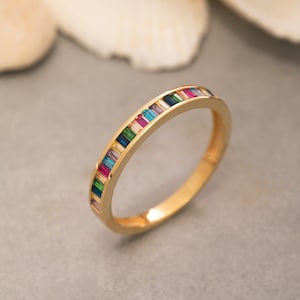 14K Solid Gold Birthstone Ring, 925 Sterling Silver Birthstone Ring, CZ Stone Ring, Baguette Ring, Valentine&#39;s Day Gift, Mother&#39;s Day Gift