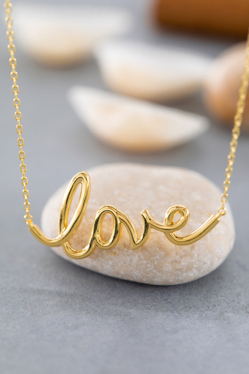 14K Solid Gold Love Necklace, Sterling Silver Love Necklace, Script Love Necklace, Dainty Necklace, Modern Necklace, Valentine's Day Gift image 5