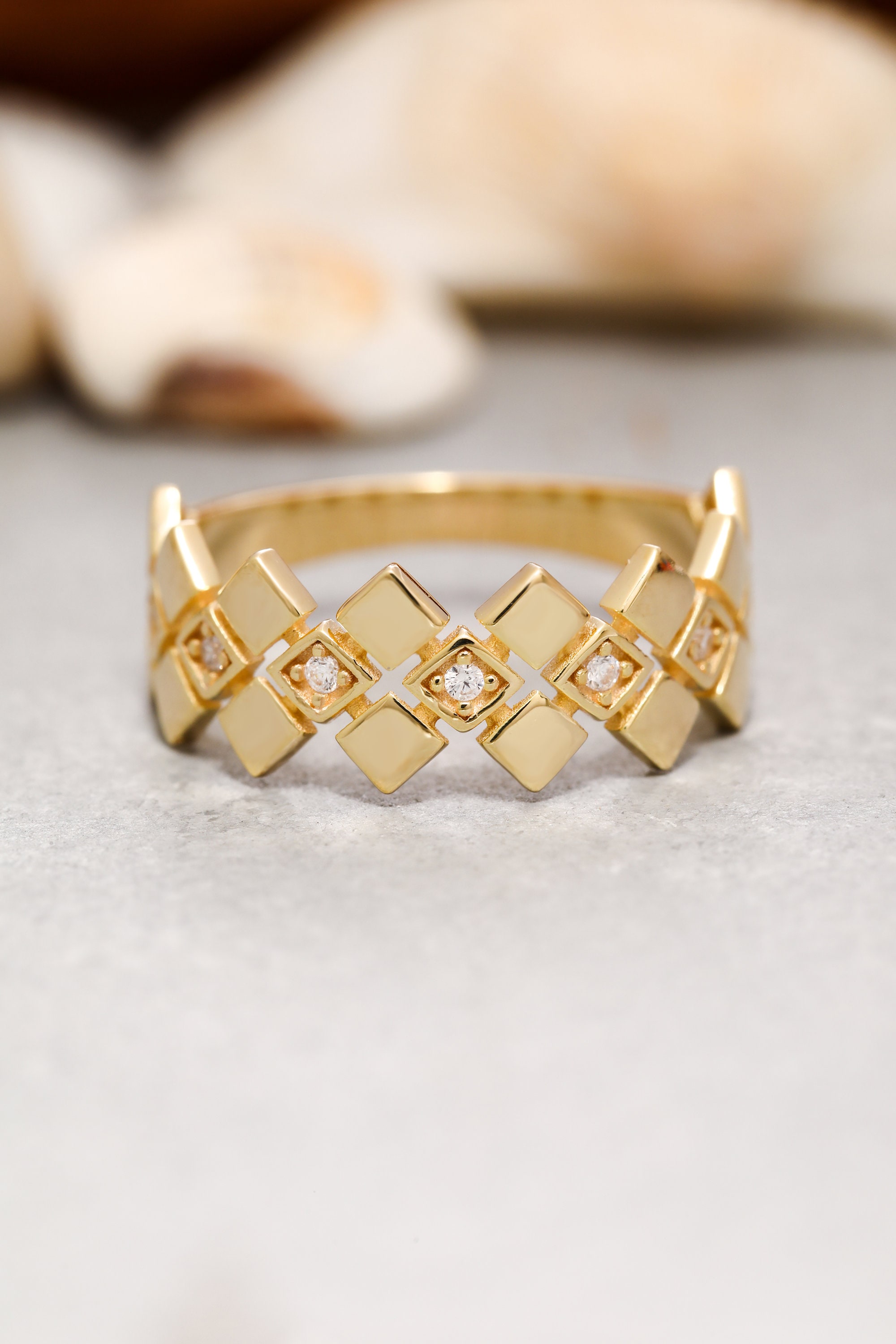 14K Solid Gold Geometric Shaped Ring, 925 Sterling Silver Geometric ...